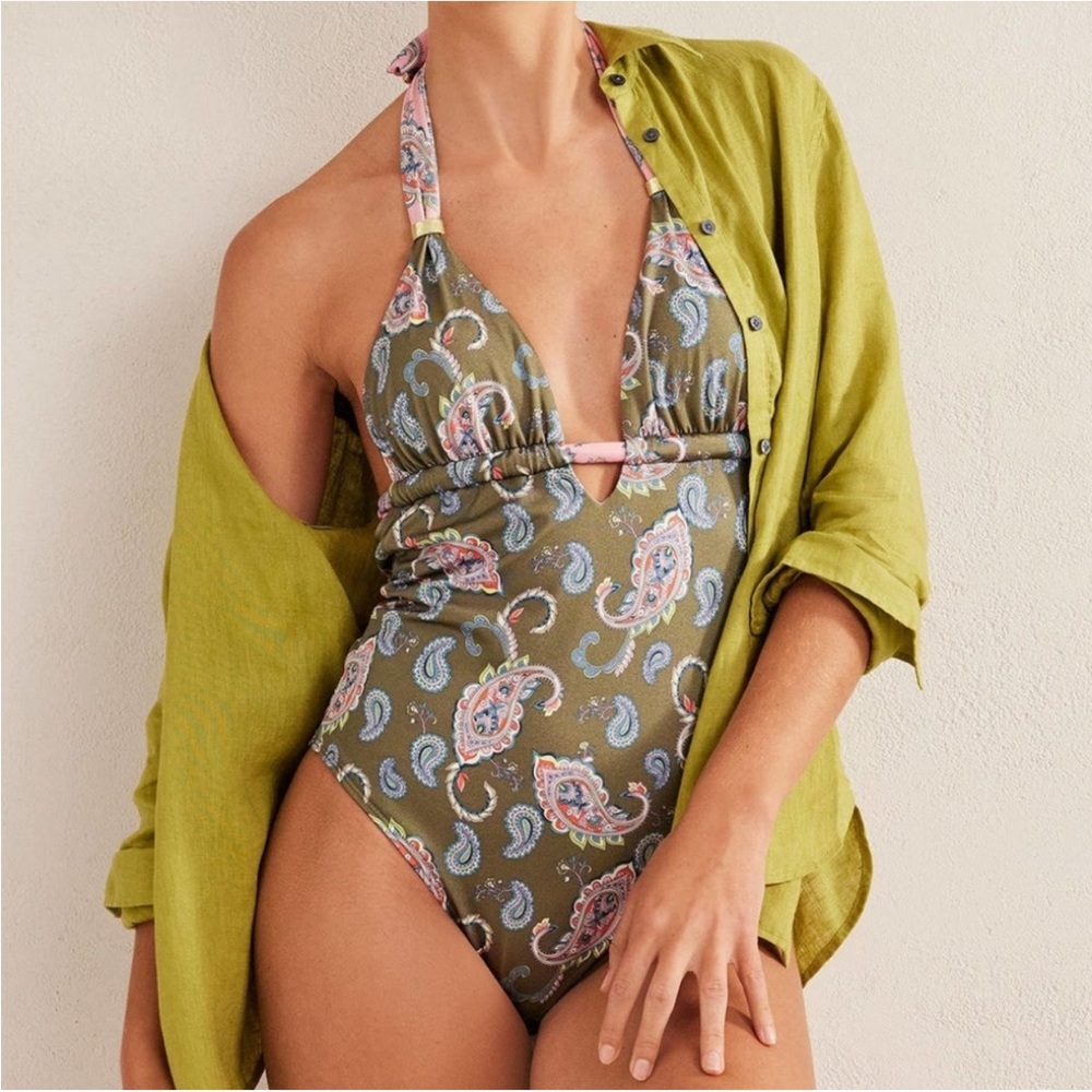 Boden Olive Paisley Halter One-Piece Swimsuit with Pink Accents
